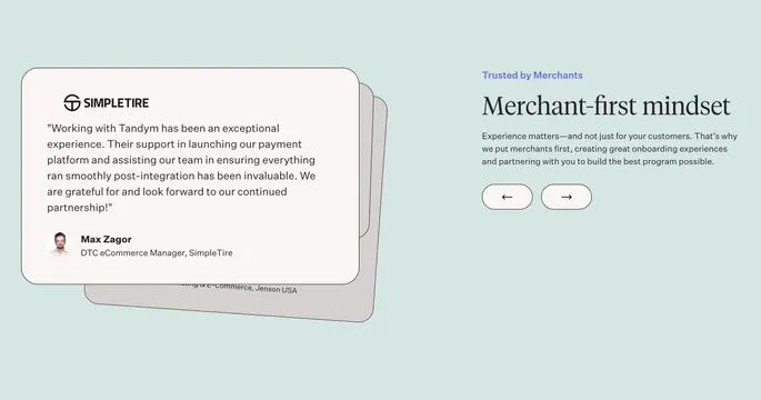 Tandym merchant testimonial carousel, minimal, editorial, light