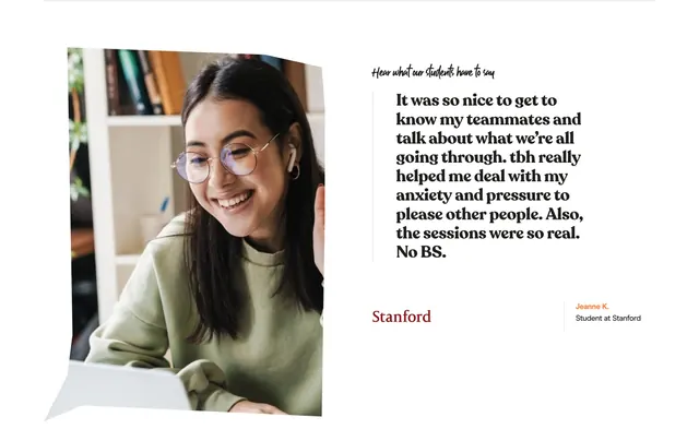 tbh Stanford student testimonial, editorial, minimal, light