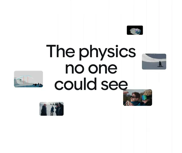 Google Cloud physics hero with floating thumbnails, minimal, editorial, light