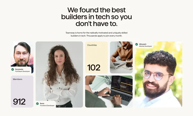 Teamway talent network bento grid, minimal, photographic, light