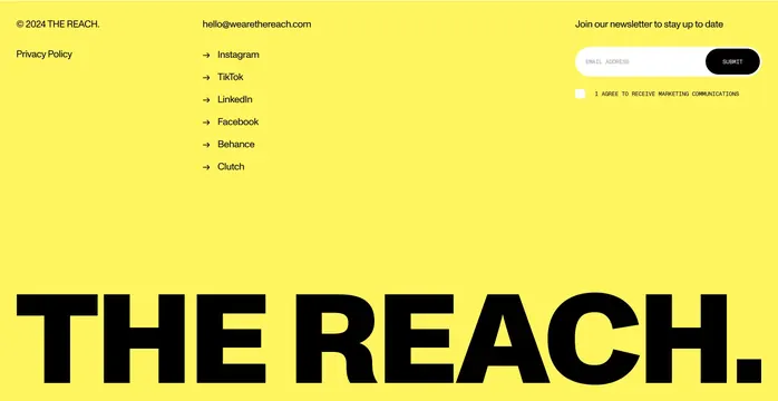 The Reach yellow oversized footer, minimal, swiss, vibrant