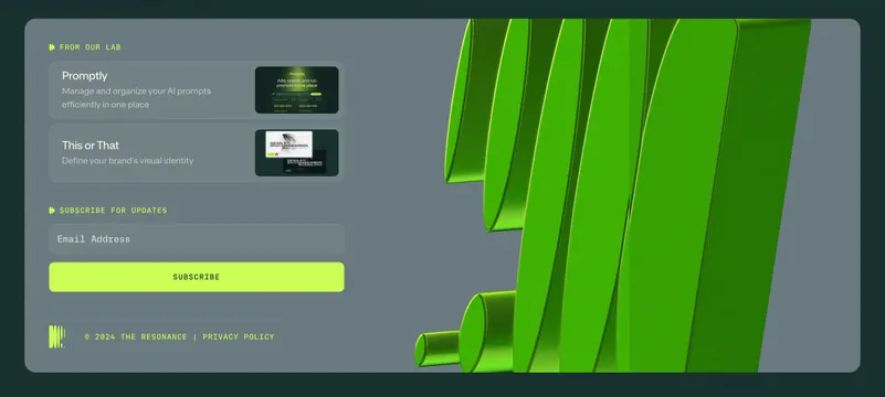 The Resonance lab projects footer, dark-mode, glassmorphism, dark