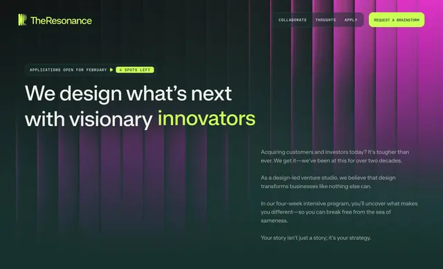 The Resonance venture studio hero, dark-mode, minimal, dark
