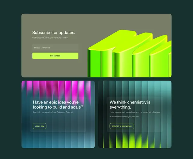The Resonance thoughts page CTA trio, dark-mode, glassmorphism, dark