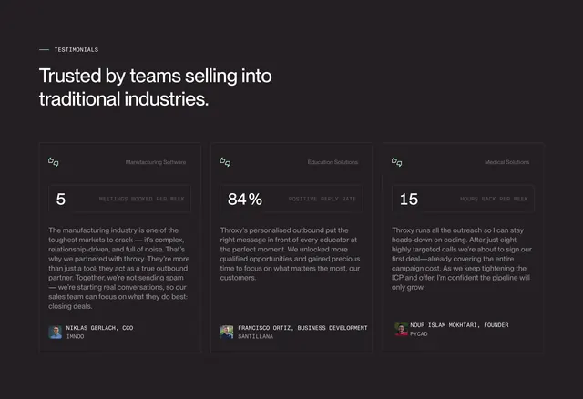 Throxy metric testimonial grid, dark-mode, minimal, dark