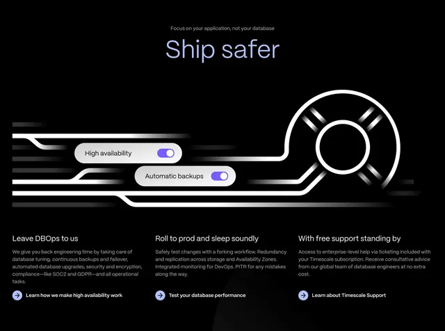 Timescale Ship safer benefits section, dark-mode, technical, dark