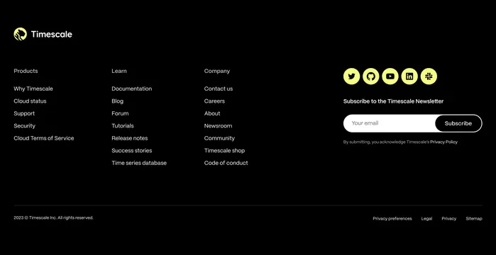 Timescale dark footer with newsletter, minimal, dark-mode, dark