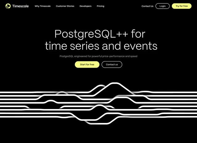 Timescale PostgreSQL hero with wave graphic, minimal, dark-mode, dark