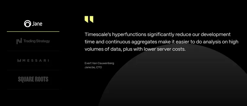 Timescale tabbed testimonial with logo sidebar, minimal, dark-mode, dark