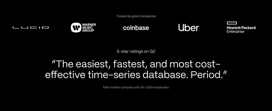 Timescale logo cloud and G2 quote, minimal, dark-mode, dark