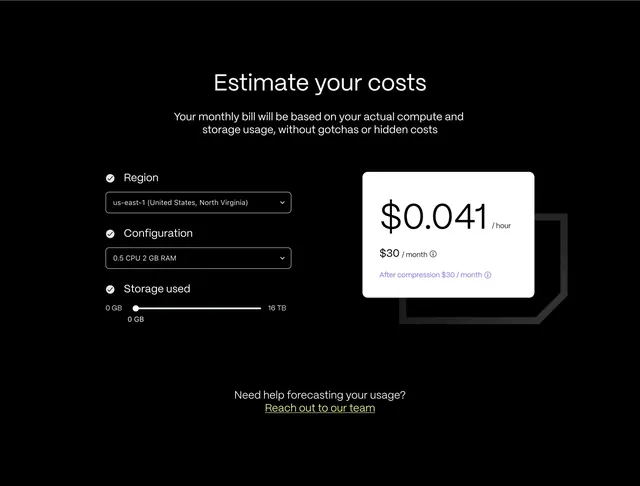Timescale cost estimator with white result card, minimal, dark-mode, dark