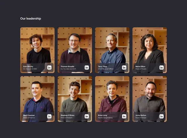 Tines leadership grid with photo overlays, minimal, dark-mode, dark