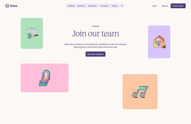 Tines careers hero with pastel cards, minimal, light-mode, light