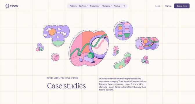 Tines case studies hero with window illustrations, illustrated, light-mode, light