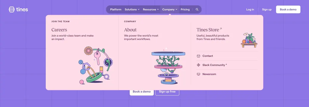 Tines Company mega-menu dropdown, illustrated, playful, vibrant