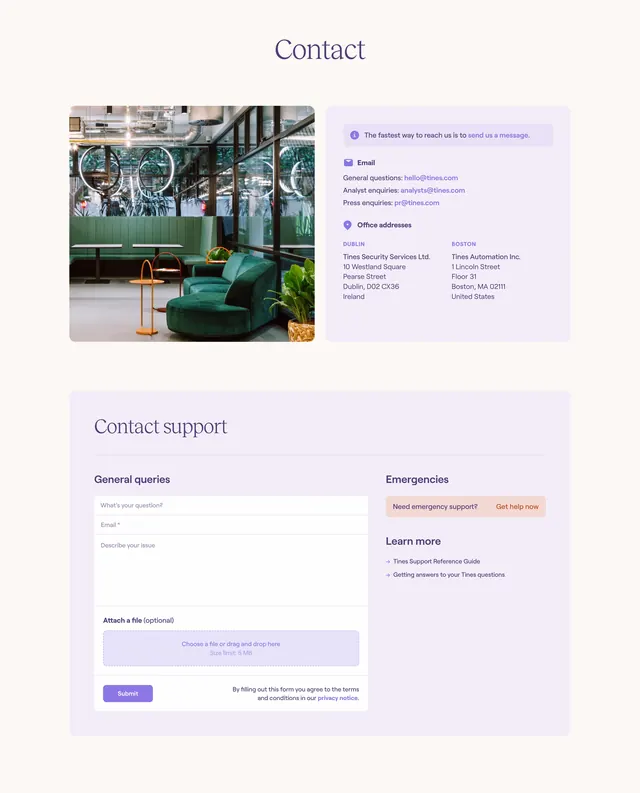 Tines contact and support page, minimal, light-mode, light