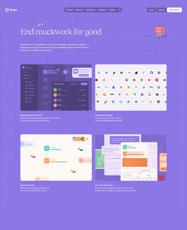 Tines benefits grid on purple field, minimal, technical, vibrant
