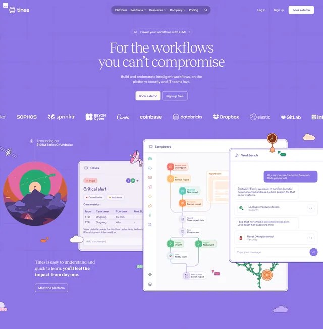 Tines home hero with layered product UI, technical, illustrated, vibrant