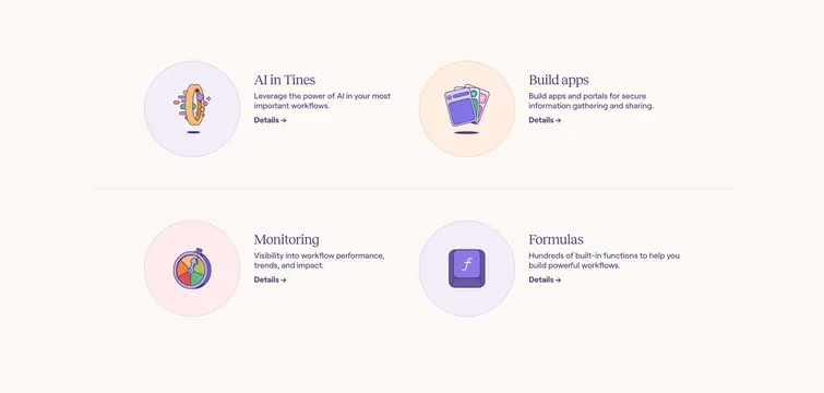 Tines platform feature highlights grid, minimal, illustrated, light