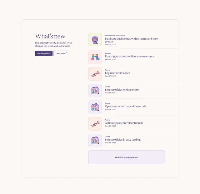 Tines pricing page product updates feed, minimal, editorial, light