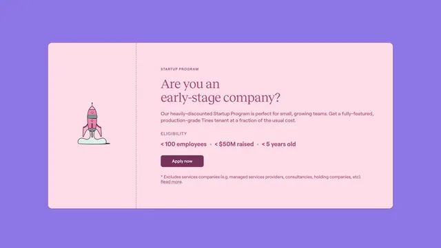 Tines startup program CTA card, illustrated, minimal, vibrant