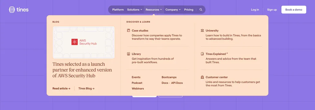 Tines Resources mega-menu dropdown, editorial, minimal, vibrant