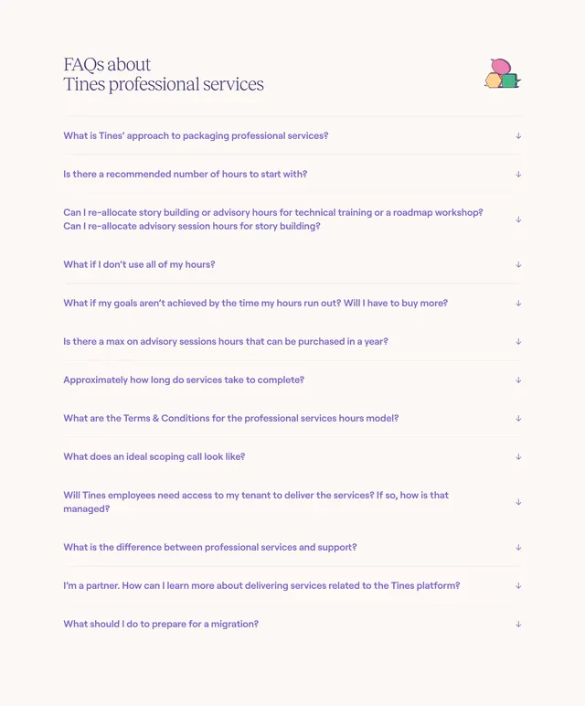 Tines professional services FAQ list, minimal, editorial, light