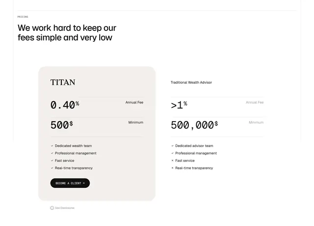 Titan fee comparison cards, minimal, light-mode, light