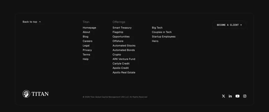 Titan dark multi-column footer, dark-mode, minimal, dark