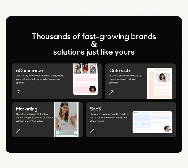 Tolstoy solutions use-case grid, dark-mode, minimal, dark
