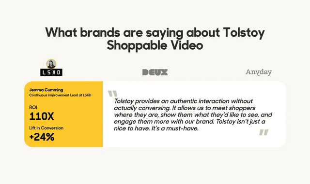 Tolstoy partner testimonial with metrics, minimal, light-mode, light