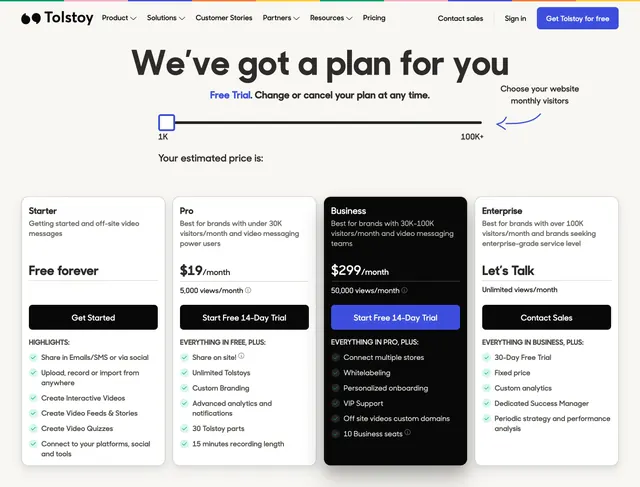 Tolstoy tiered pricing with visitor slider, minimal, light-mode, light