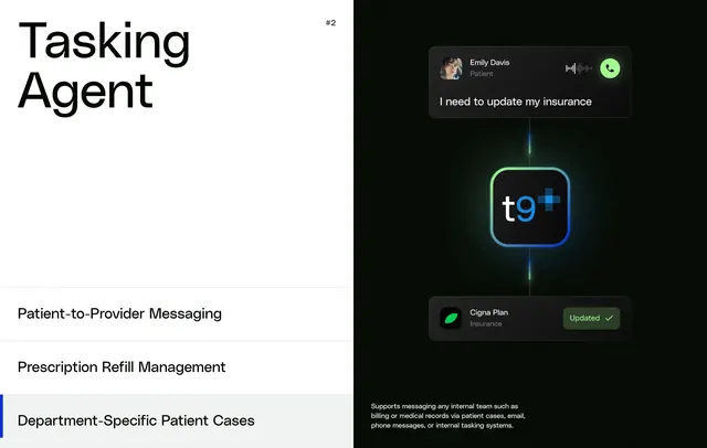 Transform9 Tasking Agent split demo, minimal, dark-mode, dark