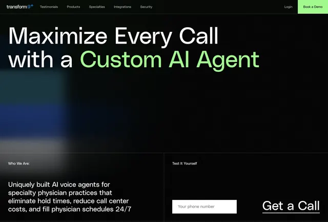 Transform9 custom AI voice hero, dark-mode, minimal, dark