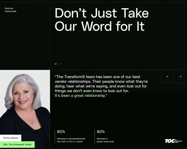 Transform9 featured testimonial carousel, dark-mode, minimal, dark