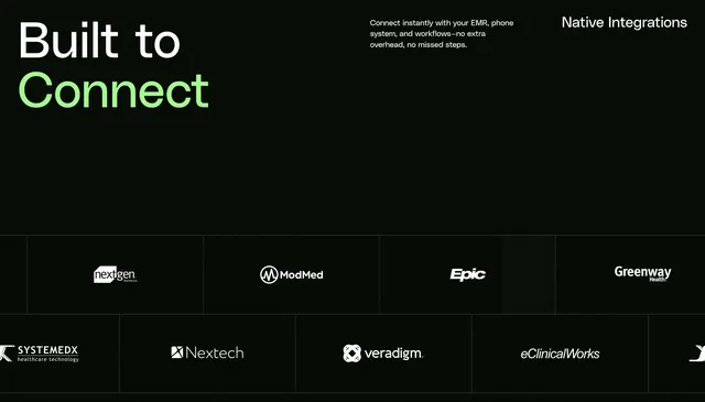 Transform9 EMR integrations grid, dark-mode, minimal, dark