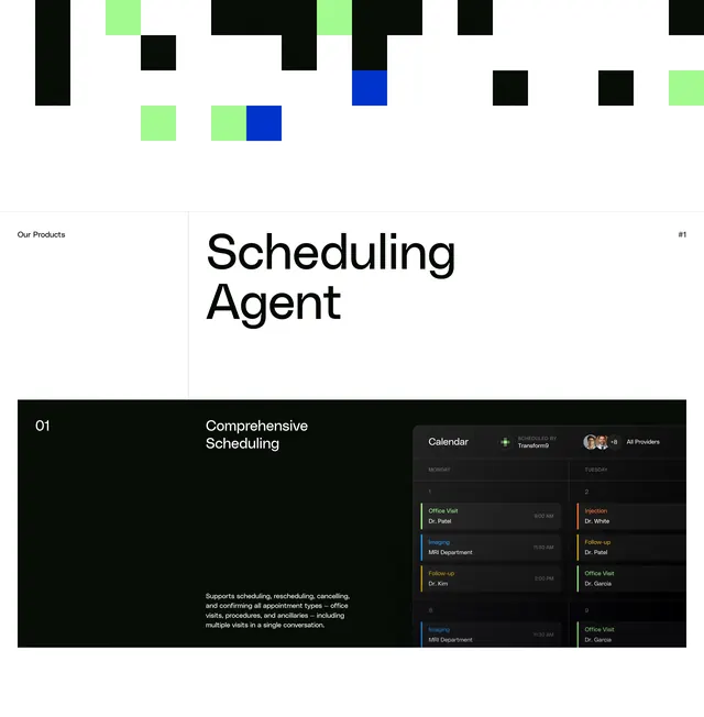 Transform9 Scheduling Agent showcase, minimal, dark-mode, dark