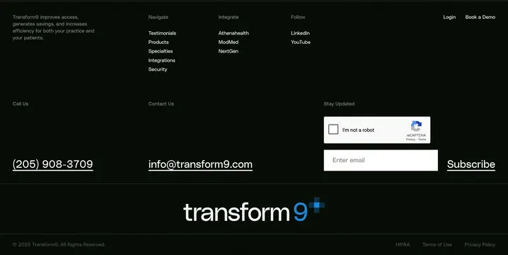 Transform9 dark structured footer, dark-mode, minimal, dark