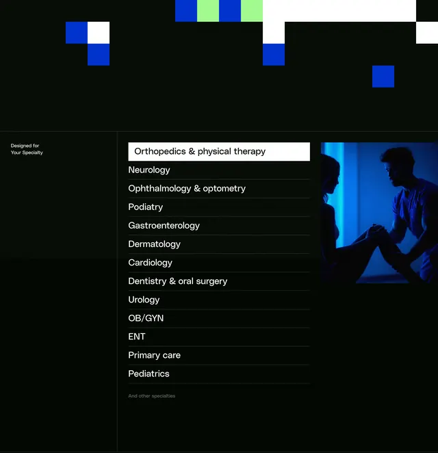 Transform9 medical specialties list, dark-mode, minimal, dark