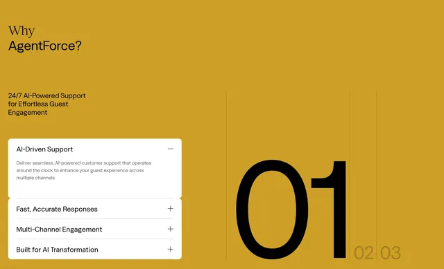 Trawelt AgentForce accordion features, minimal, light-mode, warm