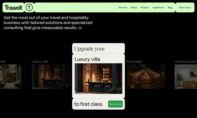 Trawelt hospitality consulting hero carousel, dark-mode, minimal, dark