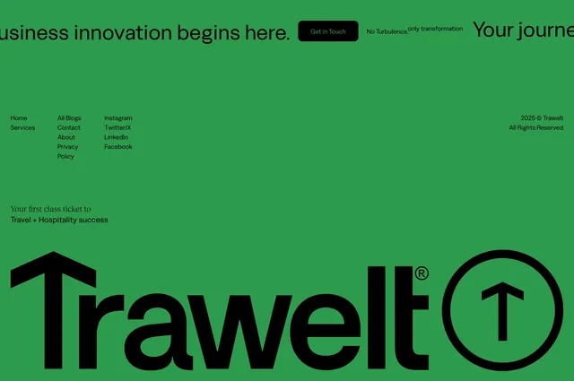 Trawelt bold green typographic footer, minimal, corporate-clean, vibrant