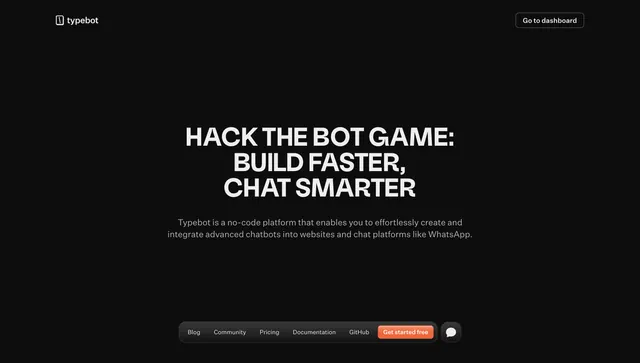 Typebot dark hero with oversized all-caps headline, dark-mode, minimal, dark