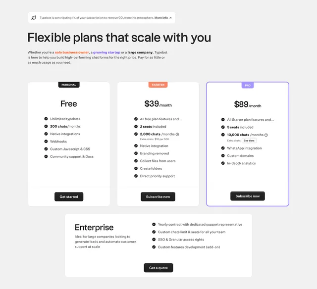 Typebot three-tier pricing with enterprise band, light-mode, minimal, light