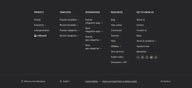 Typeform dark multi-column footer, dark-mode, minimal, dark
