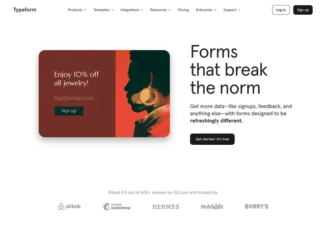 Typeform split hero with product card, minimal, light-mode, light