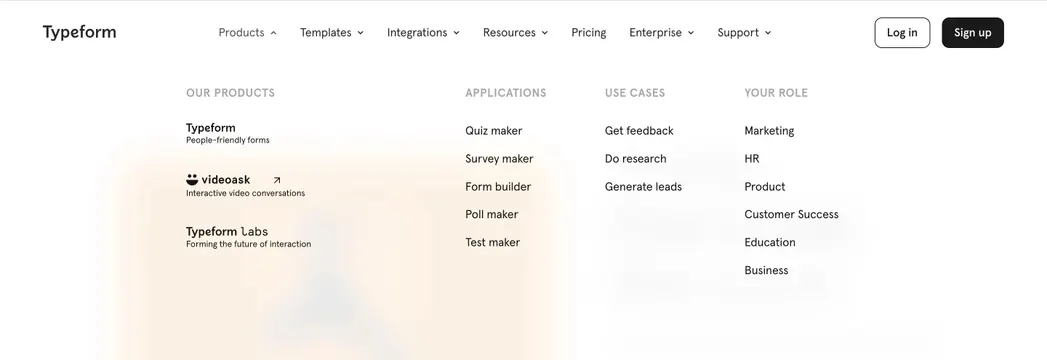Typeform Products mega menu dropdown, minimal, light-mode, light