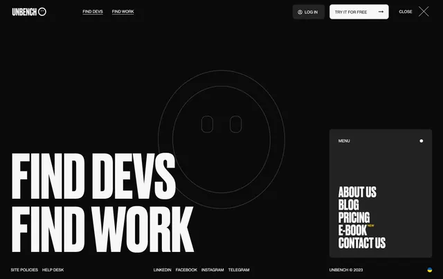 Unbench full-screen navigation overlay, dark-mode, minimal, dark