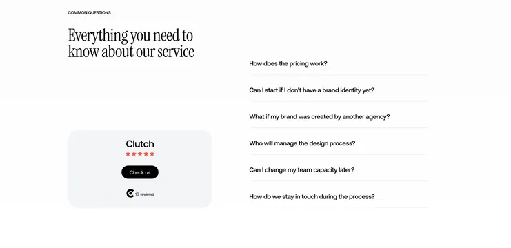 Unikorns FAQ with Clutch trust card, minimal, light-mode, light