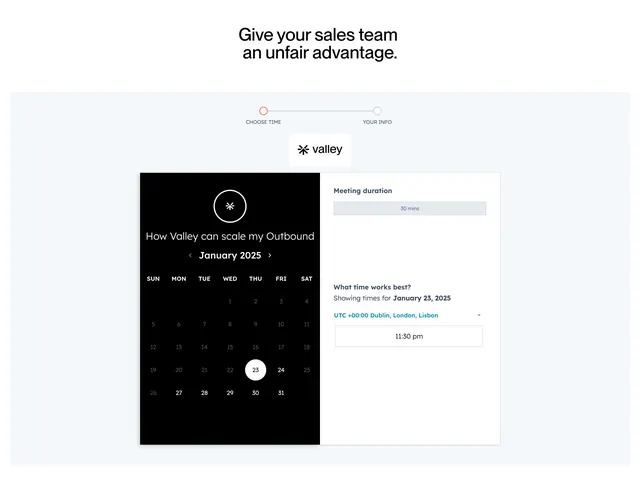 Valley book-a-demo scheduler with split calendar, light-mode, minimal, light